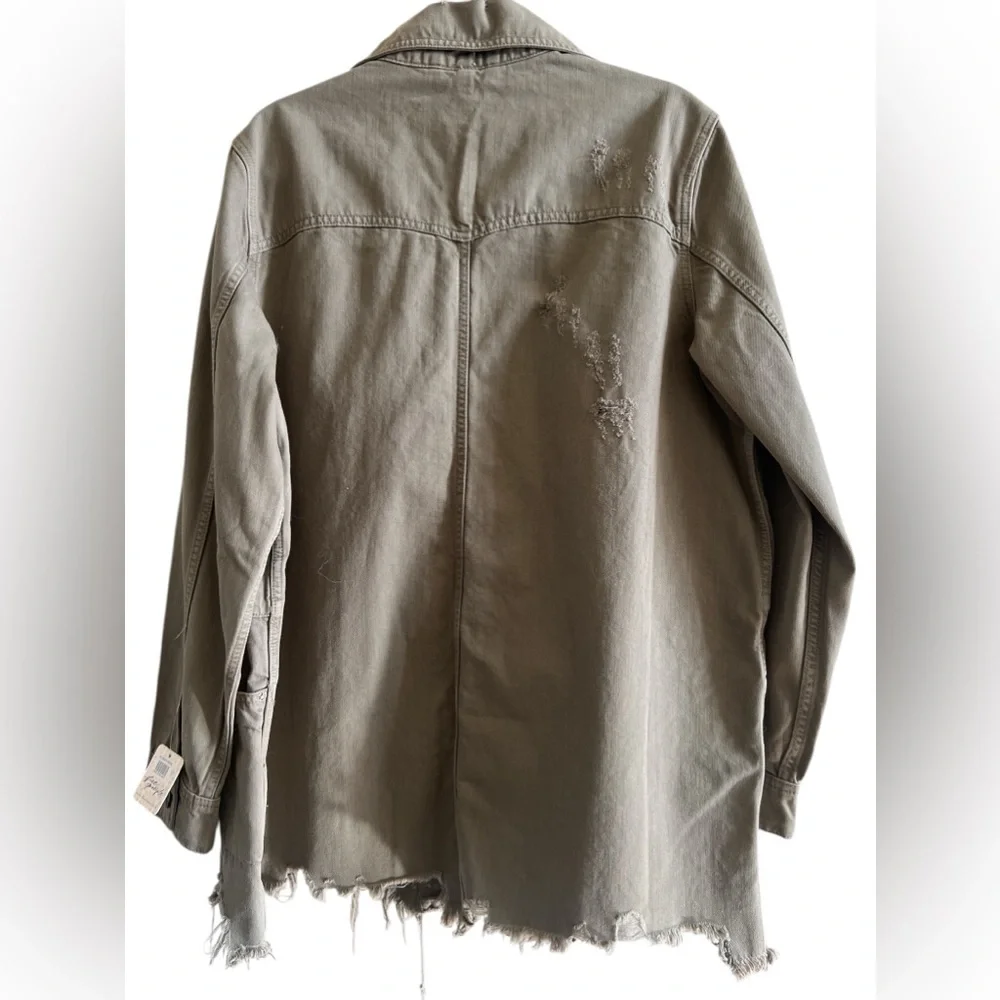 Free People Moonchild Green Distressed Denim Utility ShirtJacket Size L NEW